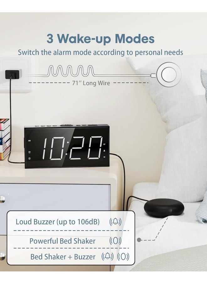 Roxicosly Super Loud Alarm Clock With Bed Shaker For Heavy Sleeper, Dual Vibrating Alarm Clock With Usb Charger For Hearing-Impaired Deaf, 7.5’’ Large Display With Dimmer, Snooze, 12/25H And Battery