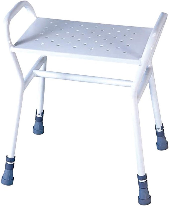 ROCHESTER SHOWER STOOL HEIGHT ADJUSTABLEINTEGRAL HANDLESNONSLIP RUBBER FEETPERFORATED DRAINAGE HOLES IN SEAT ELDERLYDISABLEDPREGNANCY POST SURGERY SUPPLIED ASSEMBLED NO TOOLS REQUIRED