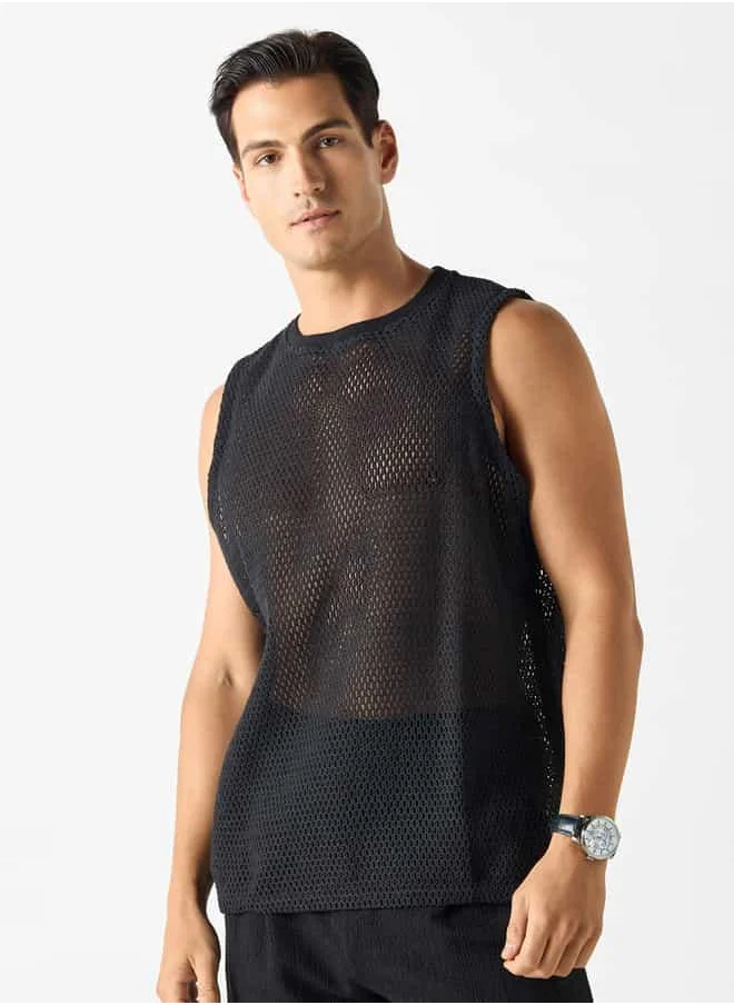 Iconic Iconic Textured Sleeveless T-shirt with Crew Neck