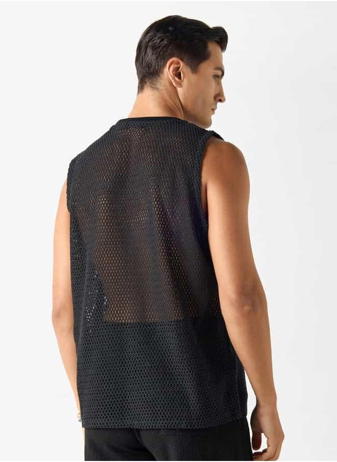 Iconic Iconic Textured Sleeveless T-shirt with Crew Neck  - Image 3