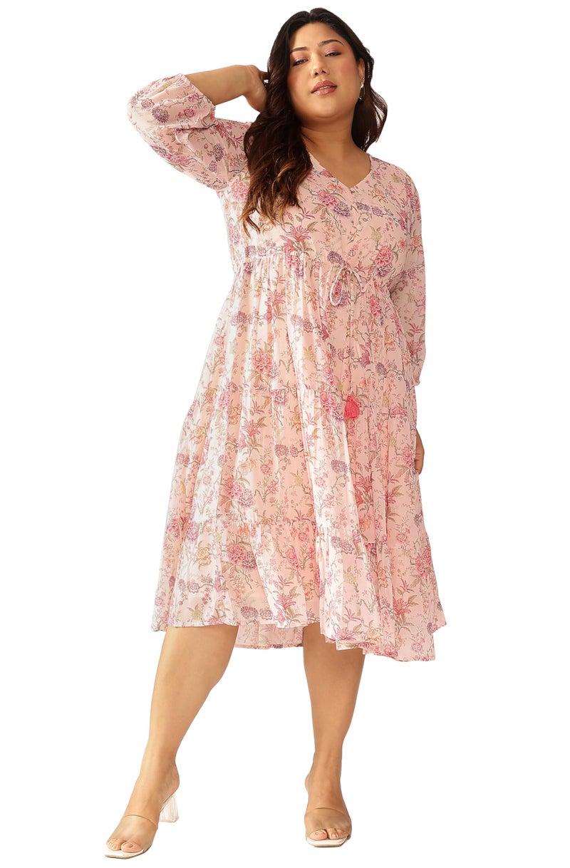 Janasya Women's Plus Size Pink Georgette Floral Printed Tiered Dress (XLA25DR01466-4XL) - Image 1