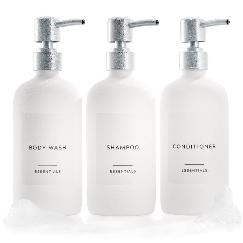 KIBAGA Stylish Shampoo and Conditioner Dispenser Set of 3 - Modern 21oz Shower Soap Bottles with Pump and Labels - Easy to Refill Body Wash Dispensers for an Instant Bathroom Decor Upgrade - White  - Image 1