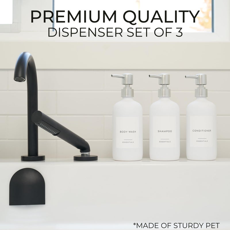 KIBAGA Stylish Shampoo and Conditioner Dispenser Set of 3 - Modern 21oz Shower Soap Bottles with Pump and Labels - Easy to Refill Body Wash Dispensers for an Instant Bathroom Decor Upgrade - White  - Image 2