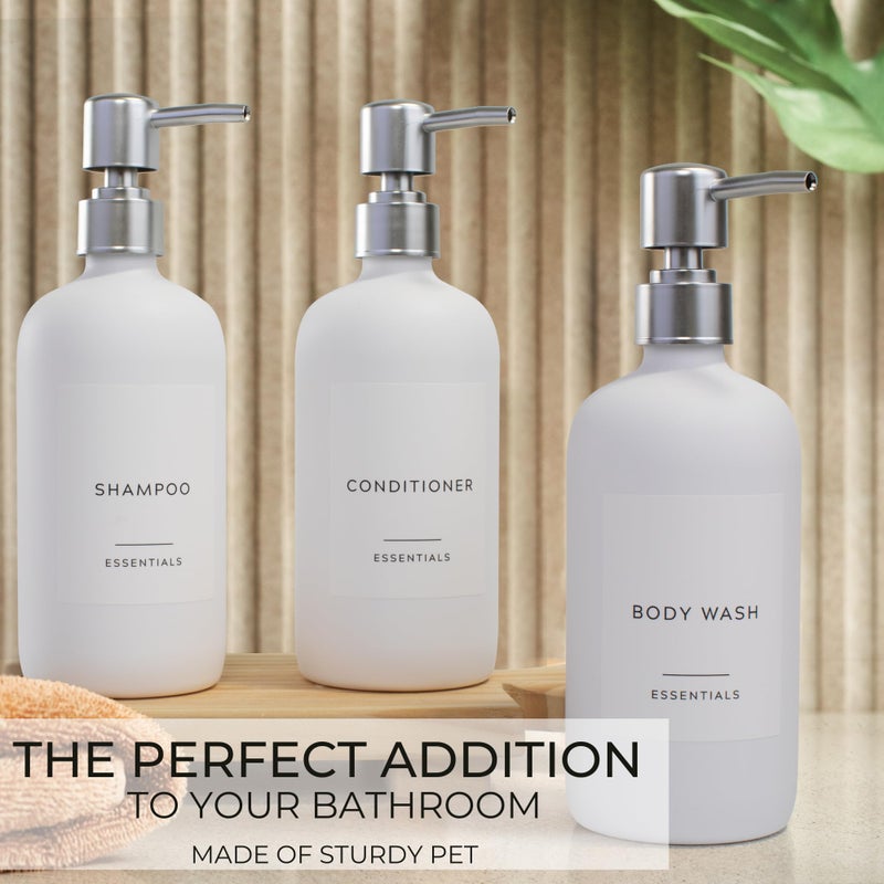 KIBAGA Stylish Shampoo and Conditioner Dispenser Set of 3 - Modern 21oz Shower Soap Bottles with Pump and Labels - Easy to Refill Body Wash Dispensers for an Instant Bathroom Decor Upgrade - White  - Image 4