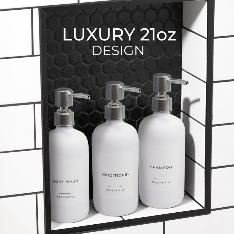 KIBAGA Stylish Shampoo and Conditioner Dispenser Set of 3 - Modern 21oz Shower Soap Bottles with Pump and Labels - Easy to Refill Body Wash Dispensers for an Instant Bathroom Decor Upgrade - White  - Image 3