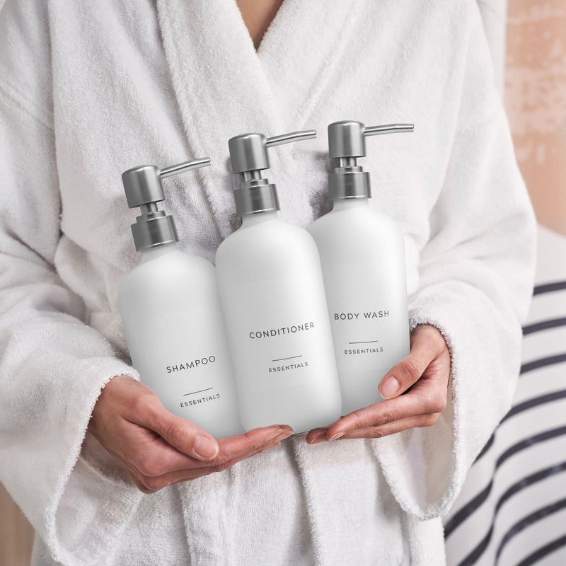 KIBAGA Stylish Shampoo and Conditioner Dispenser Set of 3 - Modern 21oz Shower Soap Bottles with Pump and Labels - Easy to Refill Body Wash Dispensers for an Instant Bathroom Decor Upgrade - White  - Image 5