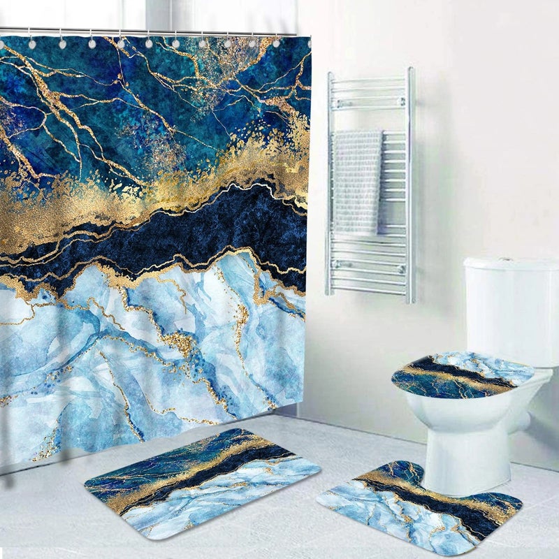 Y&D CF BS121 4 Pcs Marble Pattern Shower Curtain Sets with Non-Slip Rug Toilet Lid Cover Bath Mat for Christmas Bathroom Accessory - Image 1