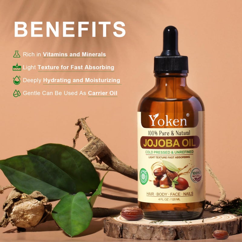 Yoken Jojoba Oil 4 fl oz EWG Verified 100% Pure Jojoba Oil Cold Pressed for Skin, Hair, Nails, Cuticles - Unrefined & Hexane Free, Natural Moisturizer Carrier oils Facial Serum for Gua Sha - Image 5
