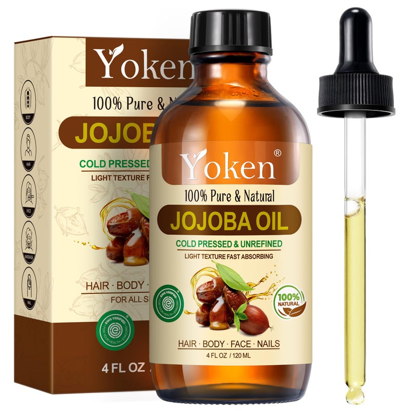 Yoken Jojoba Oil 4 fl oz EWG Verified 100% Pure Jojoba Oil Cold Pressed for Skin, Hair, Nails, Cuticles - Unrefined & Hexane Free, Natural Moisturizer Carrier oils Facial Serum for Gua Sha - Image 1