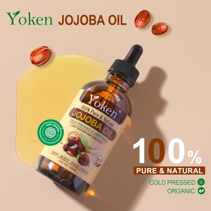 Yoken Jojoba Oil 4 fl oz EWG Verified 100% Pure Jojoba Oil Cold Pressed for Skin, Hair, Nails, Cuticles - Unrefined & Hexane Free, Natural Moisturizer Carrier oils Facial Serum for Gua Sha - Image 2