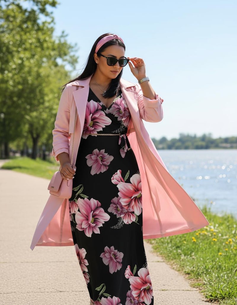 FANDEE Plus Size Maxi Dress for Women Casual Summer Sundress V-Neck 3/4 Sleeve(Pink,X-Large) - Image 4