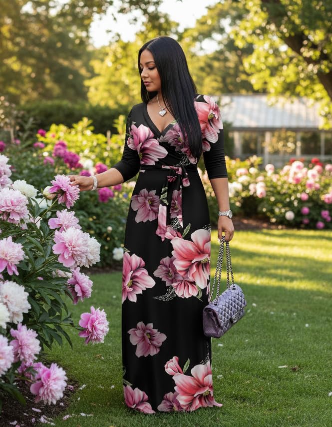 FANDEE Plus Size Maxi Dress for Women Casual Summer Sundress V-Neck 3/4 Sleeve(Pink,X-Large) - Image 3