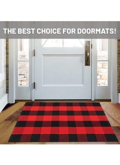 Generic 40*60cm Plain Plaid Floor Mat Home Porch Carpet Festive Atmosphere Decorative Carpet Washable Woven Outdoor Indoor Welcome Mat Suitable for Front Door/Farmhouse/Entrance/Home Entrance Outdoor Carpet (Red Plaid)  - Image 2
