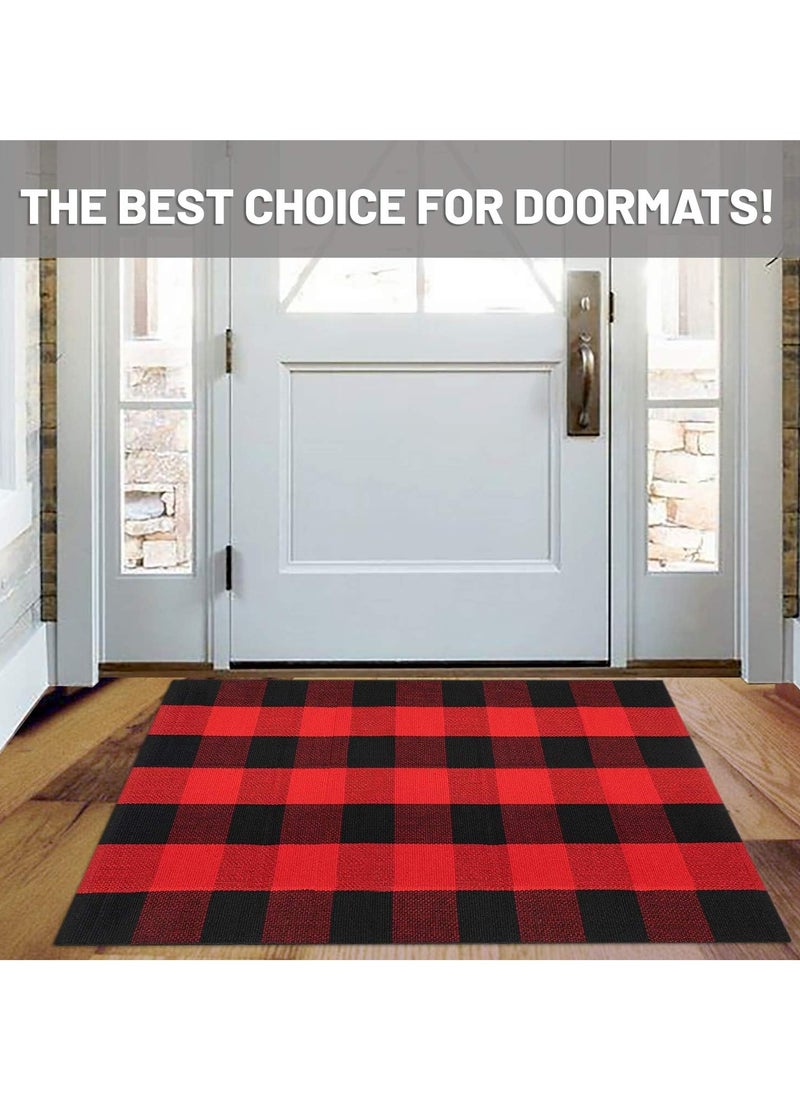 Generic 40*60cm Plain Plaid Floor Mat Home Porch Carpet Festive Atmosphere Decorative Carpet Washable Woven Outdoor Indoor Welcome Mat Suitable for Front Door/Farmhouse/Entrance/Home Entrance Outdoor Carpet (Red Plaid)  - Image 2