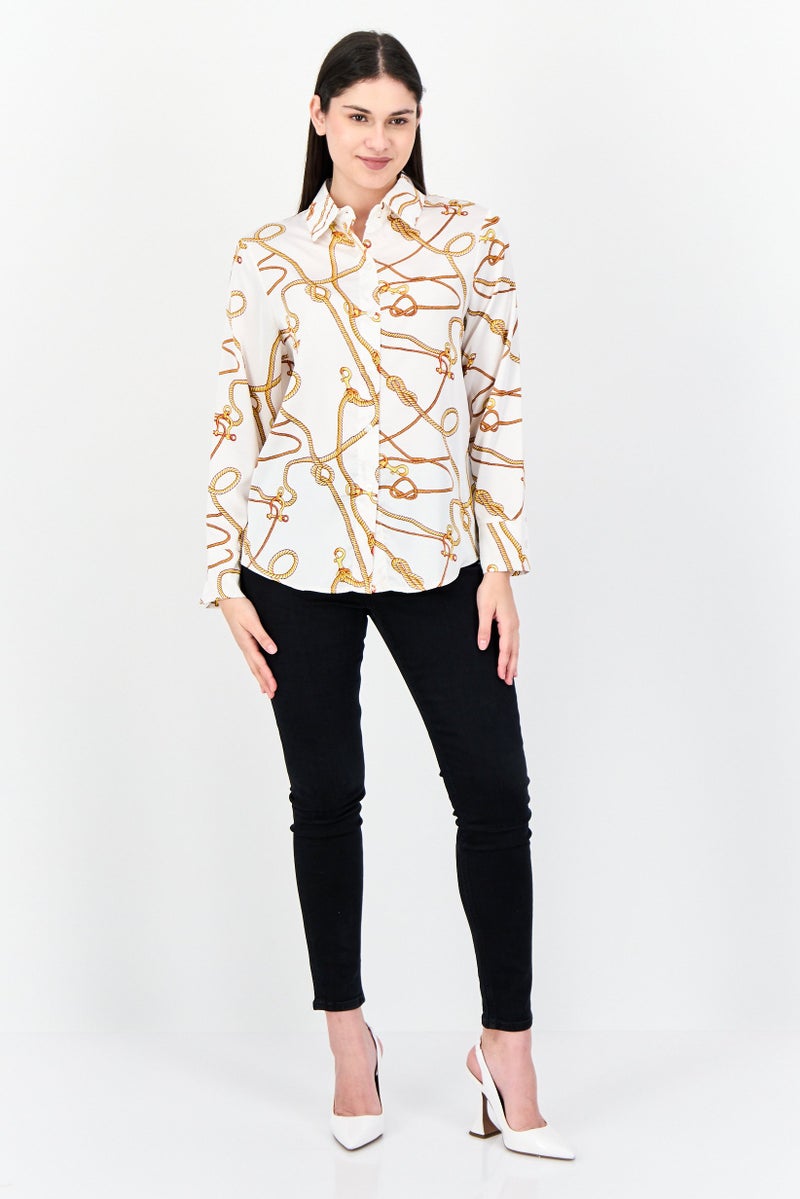 XOXO Women Spread Collar Long Sleeves Allover Print Satin Shirt, Multicolor - Image 2
