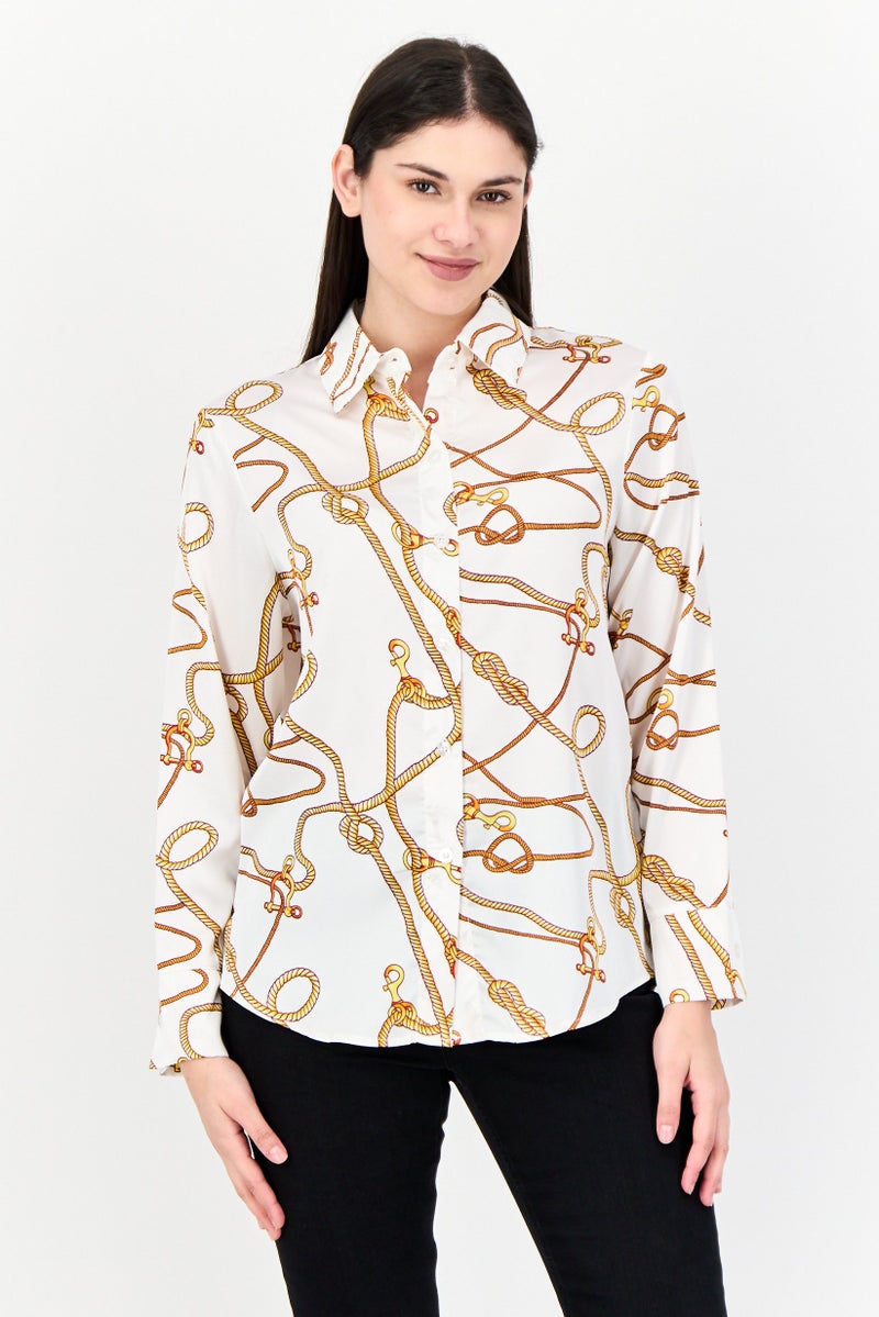 XOXO Women Spread Collar Long Sleeves Allover Print Satin Shirt, Multicolor - Image 1