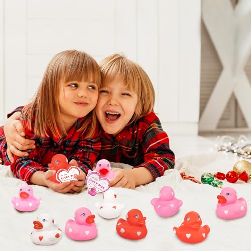 kockuu 20pcs Rubber Ducks with Cards Gift Valentines Day Party Favors Small 2.36” Assorted Pink Red White Squeaky Duckies in Bulk with Love Heart Cards Treats Giveaways for Kids Cupcake Topper - Image 2