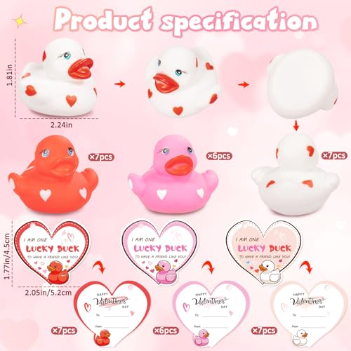 kockuu 20pcs Rubber Ducks with Cards Gift Valentines Day Party Favors Small 2.36” Assorted Pink Red White Squeaky Duckies in Bulk with Love Heart Cards Treats Giveaways for Kids Cupcake Topper - Image 3