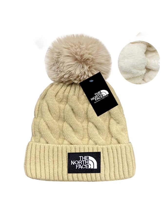 The North Face Beige Knitted Beanie with Plush Pom, Fleece-Lined Version