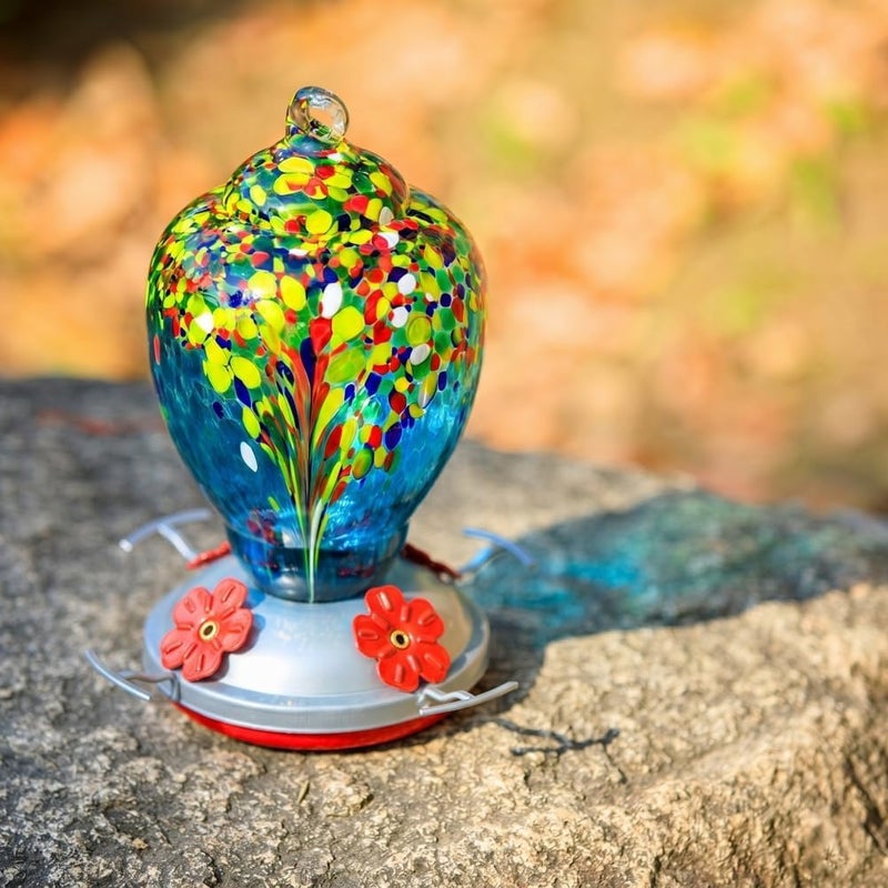 WOSIBO Hummingbird Feeder for Outdoors Patio Large 32 Ounces Colorful Hand Blown Glass Hummingbird Feeder with Ant Moat Hanging Hook, Rope, Brush and Service Card (Red-White) - Image 5