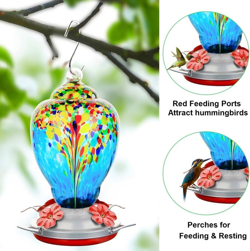 WOSIBO Hummingbird Feeder for Outdoors Patio Large 32 Ounces Colorful Hand Blown Glass Hummingbird Feeder with Ant Moat Hanging Hook, Rope, Brush and Service Card (Red-White) - Image 2