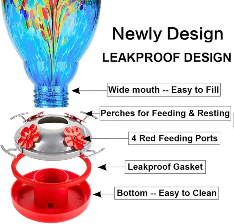 WOSIBO Hummingbird Feeder for Outdoors Patio Large 32 Ounces Colorful Hand Blown Glass Hummingbird Feeder with Ant Moat Hanging Hook, Rope, Brush and Service Card (Red-White) - Image 4