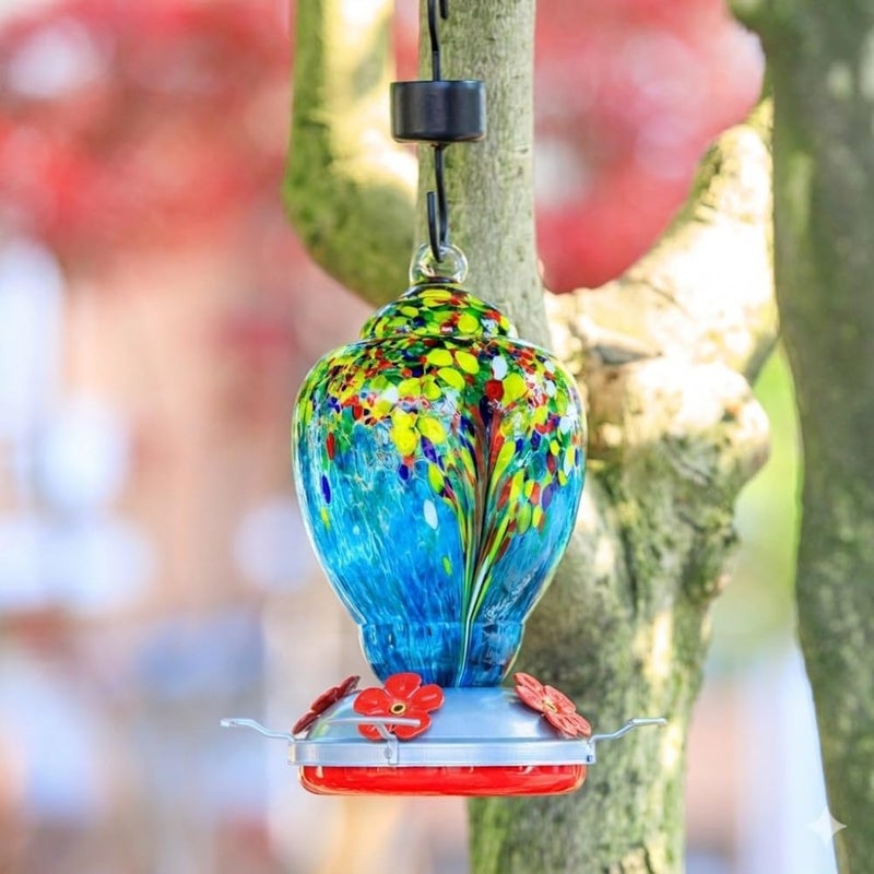 WOSIBO Hummingbird Feeder for Outdoors Patio Large 32 Ounces Colorful Hand Blown Glass Hummingbird Feeder with Ant Moat Hanging Hook, Rope, Brush and Service Card (Red-White) - Image 3
