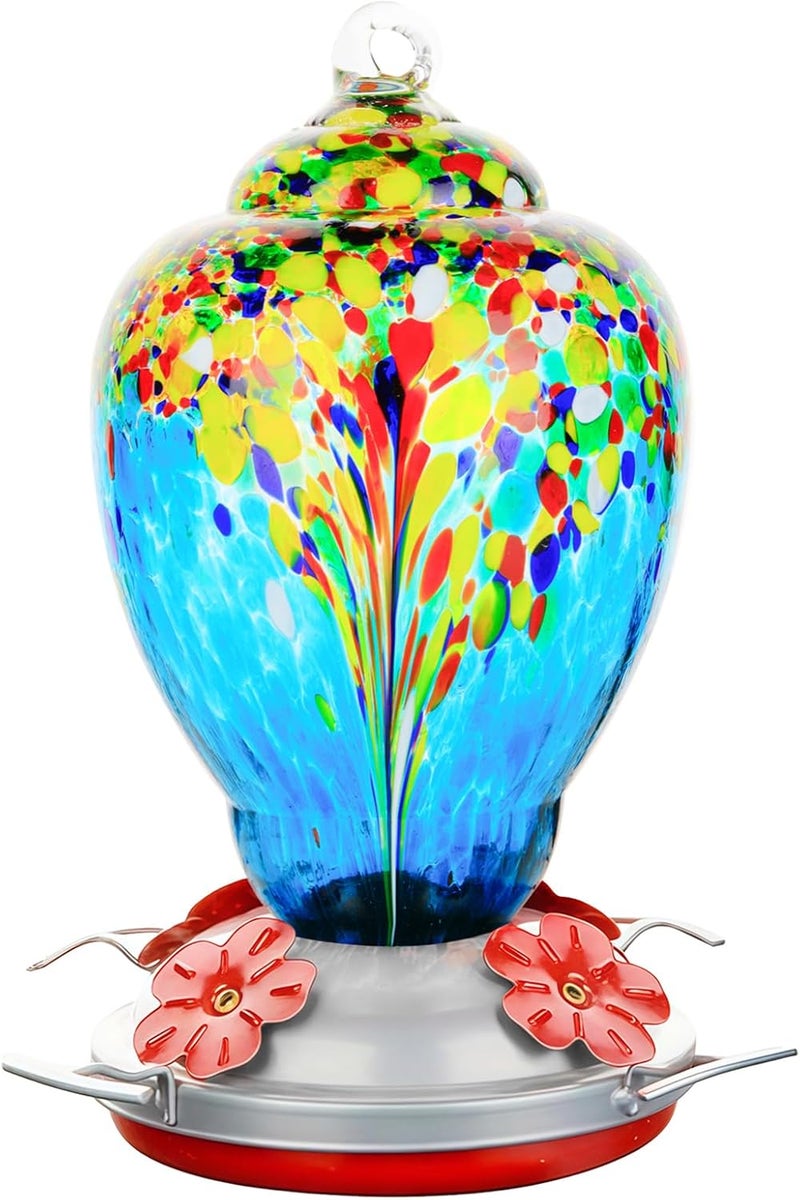 WOSIBO Hummingbird Feeder for Outdoors Patio Large 32 Ounces Colorful Hand Blown Glass Hummingbird Feeder with Ant Moat Hanging Hook, Rope, Brush and Service Card (Red-White) - Image 1