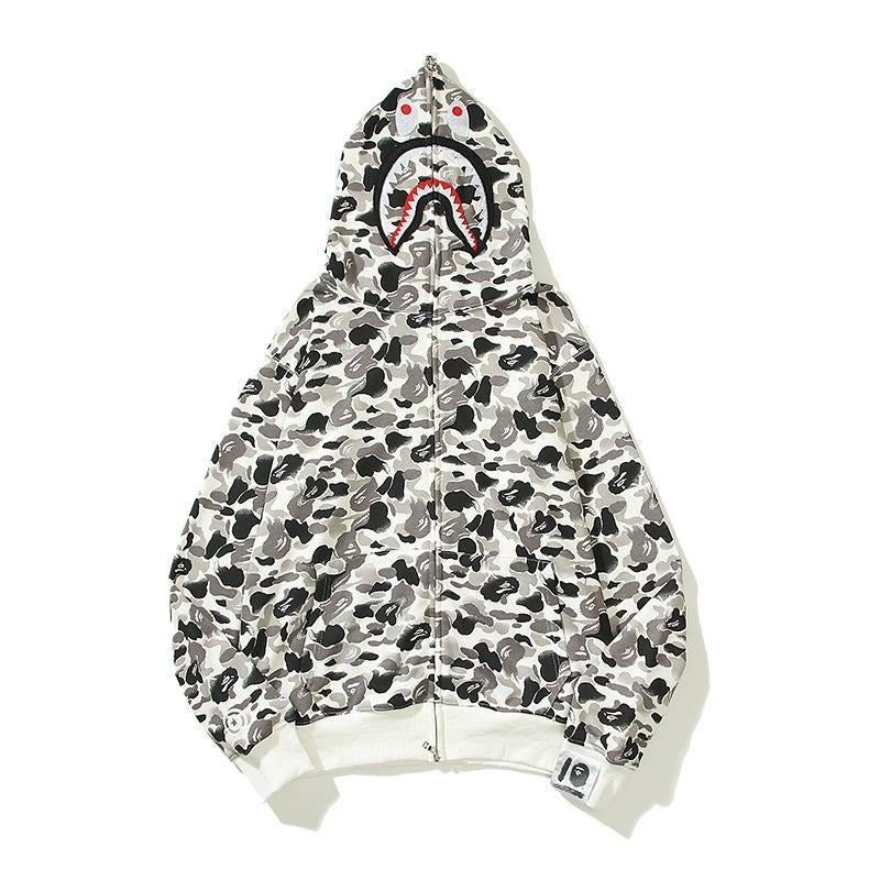 جاكيت كاموفلاج عصري بتصميم مميز من Bape مع طبعة ثلاثية الأبعاد لسمكة القرش، سترة بغطاء رأس وسحاب للرجال والنساء