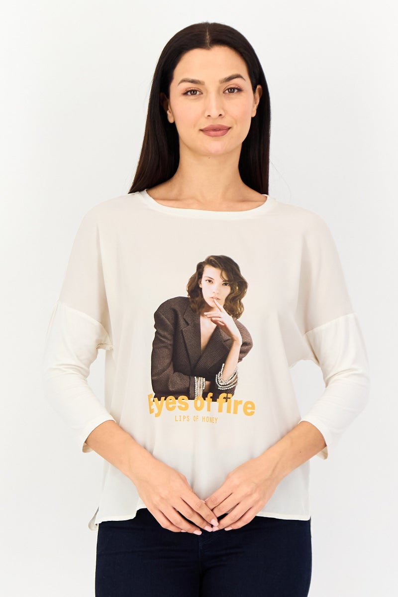 VERO MODA Women Round Neck 3/4 Sleeve Graphic Print Top, Cream - Image 1