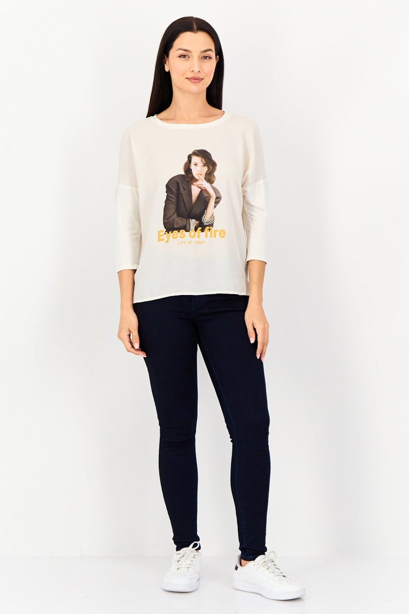 VERO MODA Women Round Neck 3/4 Sleeve Graphic Print Top, Cream - Image 4