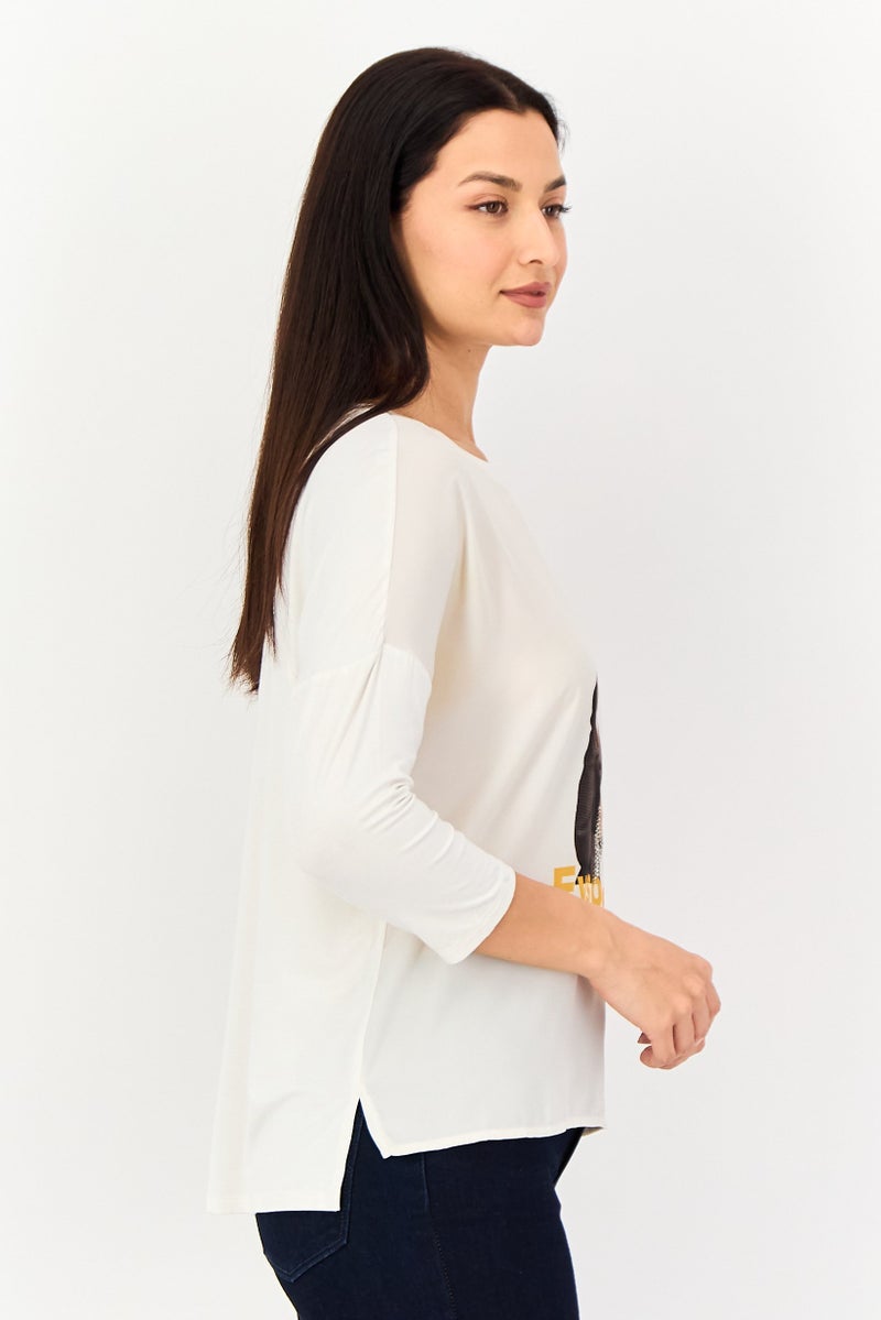 VERO MODA Women Round Neck 3/4 Sleeve Graphic Print Top, Cream - Image 3