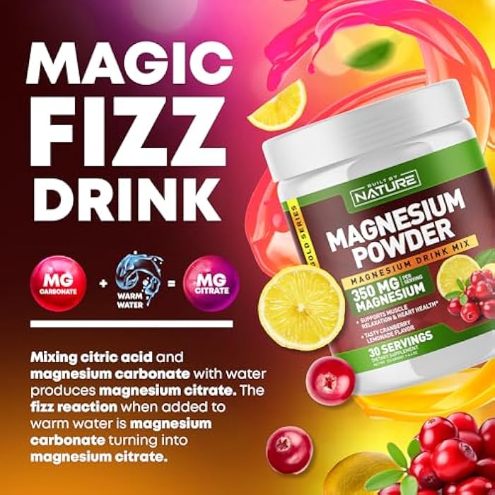 Built by Nature Magnesium Powder - Anti-Stress Drink Mix for Calm & Regularity - Magnesium Citrate Supplement - Relaxation, Muscle & Heart Support - Cranberry Lemonade Flavor - 30 Servings - Image 2