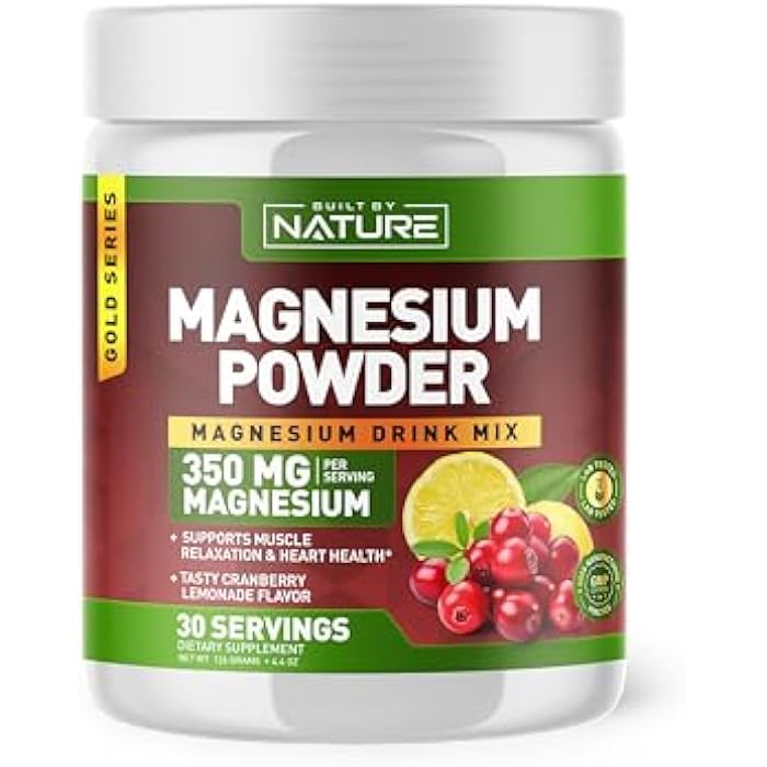 Built by Nature Magnesium Powder - Anti-Stress Drink Mix for Calm & Regularity - Magnesium Citrate Supplement - Relaxation, Muscle & Heart Support - Cranberry Lemonade Flavor - 30 Servings - Image 1