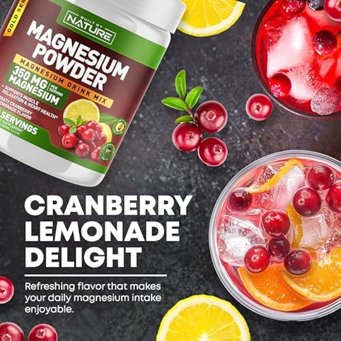 Built by Nature Magnesium Powder - Anti-Stress Drink Mix for Calm & Regularity - Magnesium Citrate Supplement - Relaxation, Muscle & Heart Support - Cranberry Lemonade Flavor - 30 Servings - Image 5