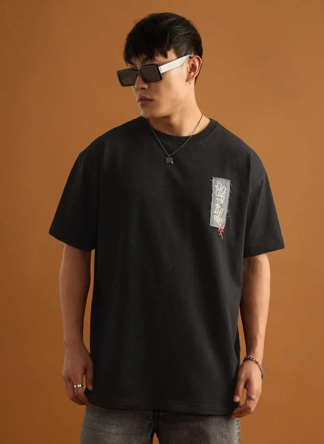 The Souled Store Men's Oversized Fit Ukiyo Graphic Printed Black T-Shirt