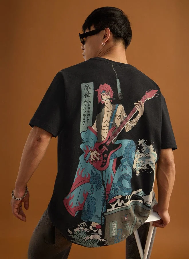 The Souled Store  The Souled Store Men's Oversized Fit Ukiyo Graphic Printed Black T-Shirt  | Best Price UAE