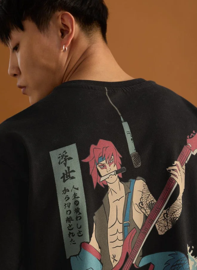 The Souled Store  The Souled Store Men's Oversized Fit Ukiyo Graphic Printed Black T-Shirt  | Best Price UAE