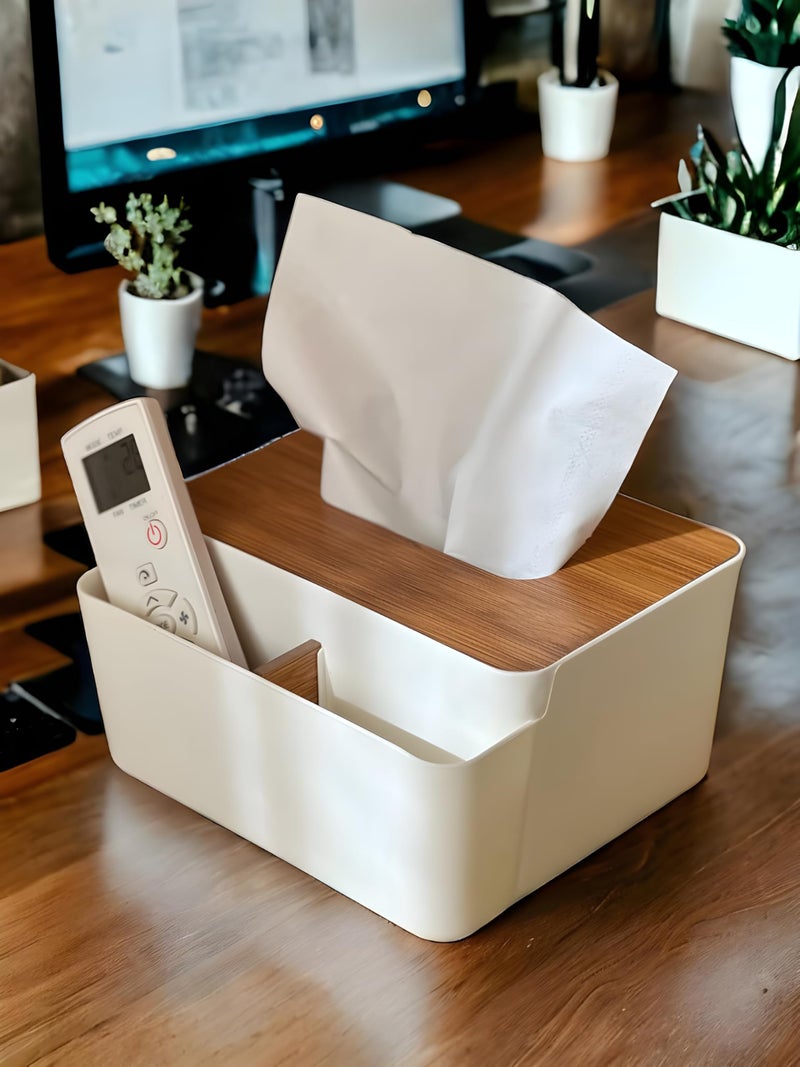 Jinila Tissue Paper Holder with 2 Compartment Plastic Tissue and Stationery Storage Box with Bamboo Cover for Home, Office and Vanity (Pack of 1, White) - Image 4