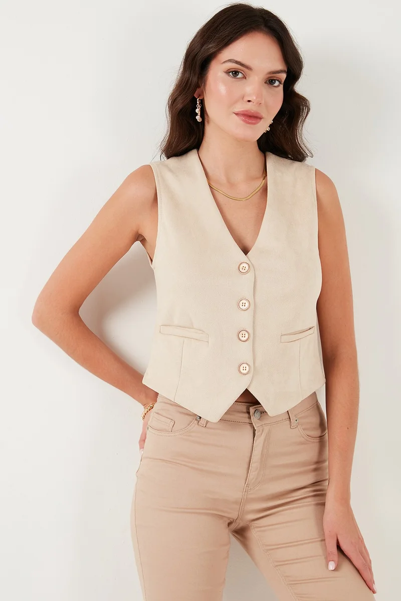 ليلا Fitted Scuba Suede V Neck Buttoned Vest Women's Vest 5865576