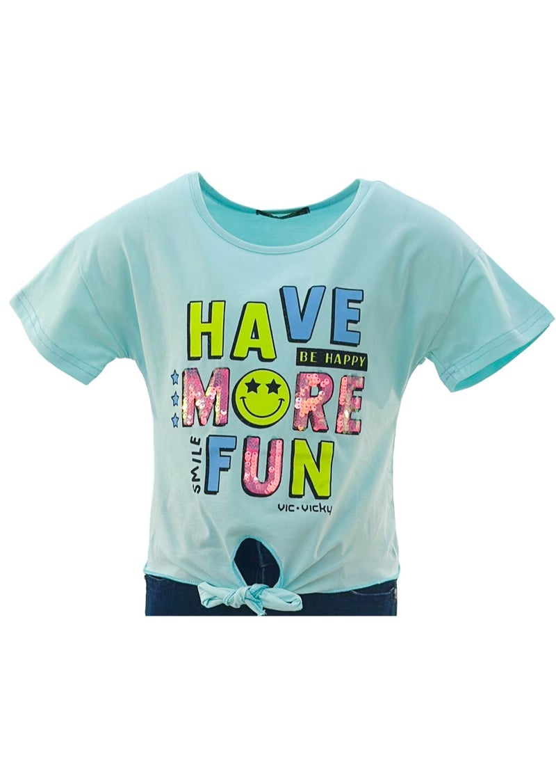 جوانا تي شيرت فتيات بربطة أمامية برقبة دائرية وأكمام قصيرة بطبعة "استمتعي أكثر" - أخضر فاتح - Image 4