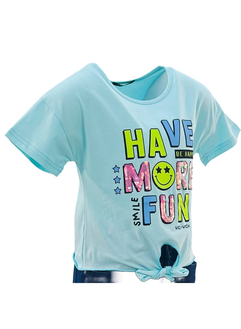 جوانا تي شيرت فتيات بربطة أمامية برقبة دائرية وأكمام قصيرة بطبعة "استمتعي أكثر" - أخضر فاتح - Image 5