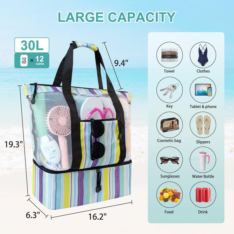 ASL Mesh Beach Bag with Cooler Compartment for Women, 2-in-1 Print Travel Tote 30L with Zipper and Pockets, Pool Picnic, Blue Vertical Stripes - Image 3