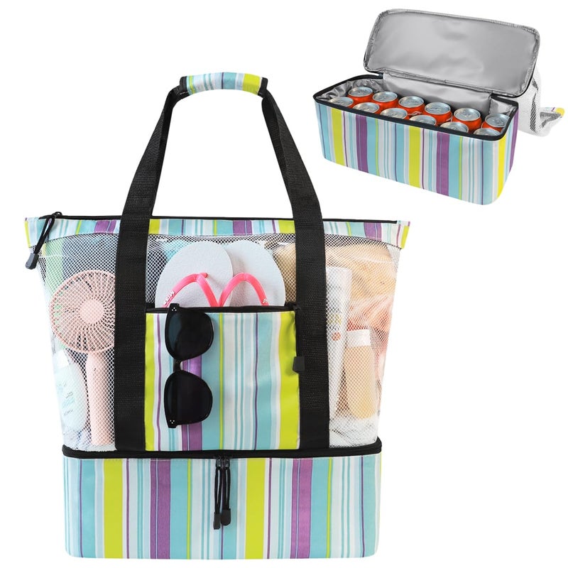 ASL Mesh Beach Bag with Cooler Compartment for Women, 2-in-1 Print Travel Tote 30L with Zipper and Pockets, Pool Picnic, Blue Vertical Stripes - Image 1