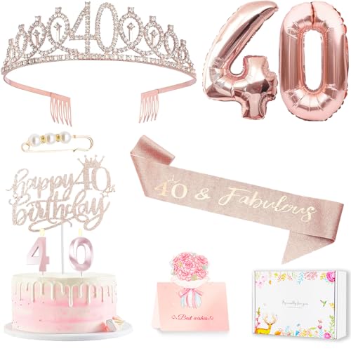 Awfrky 40th Birthday Gifts Decorations for Women Including 40th Happy Birthday Cake Toppers Birthday Queen Sash with Pearl Pin Sweet Rhinestone Tiara Crown Number Candles and Balloons Set - Image 1