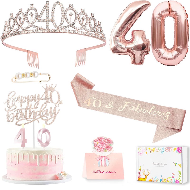Awfrky 40th Birthday Gifts Decorations for Women Including 40th Happy Birthday Cake Toppers Birthday Queen Sash with Pearl Pin Sweet Rhinestone Tiara Crown Number Candles and Balloons Set - Image 2