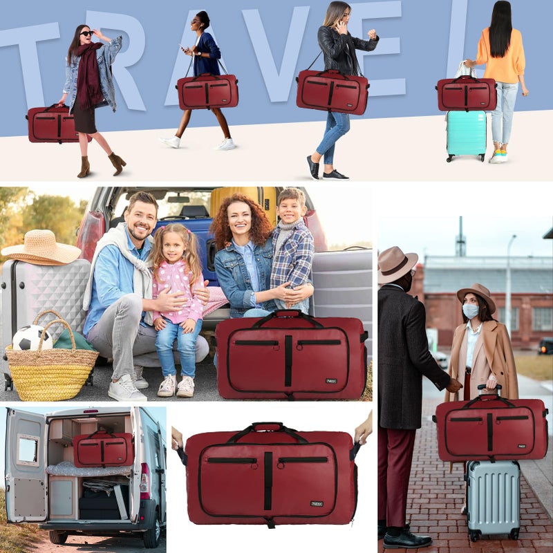 Fmeida 65L Duffle Bag with Shoes Compartment, Foldable Travel Duffel Bags for Men Women, Large Packable Travel Bag Water Repellent & Tear Resistant (Red) - Image 2
