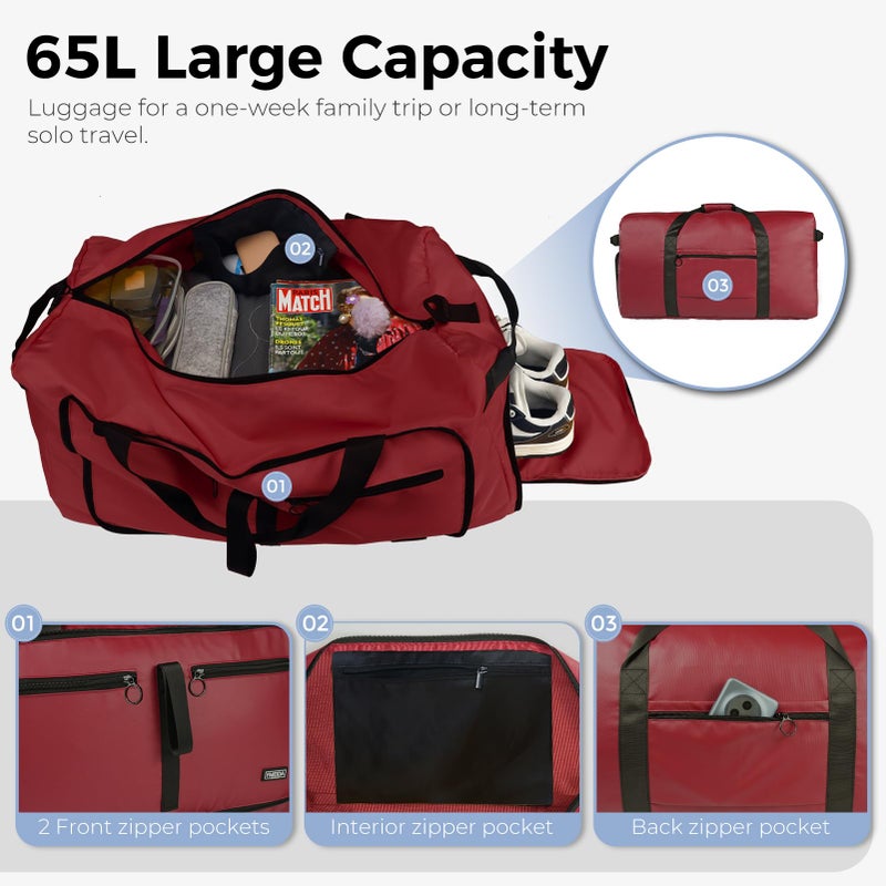 Fmeida 65L Duffle Bag with Shoes Compartment, Foldable Travel Duffel Bags for Men Women, Large Packable Travel Bag Water Repellent & Tear Resistant (Red) - Image 4