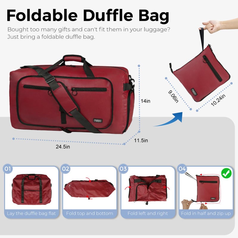 Fmeida 65L Duffle Bag with Shoes Compartment, Foldable Travel Duffel Bags for Men Women, Large Packable Travel Bag Water Repellent & Tear Resistant (Red) - Image 3