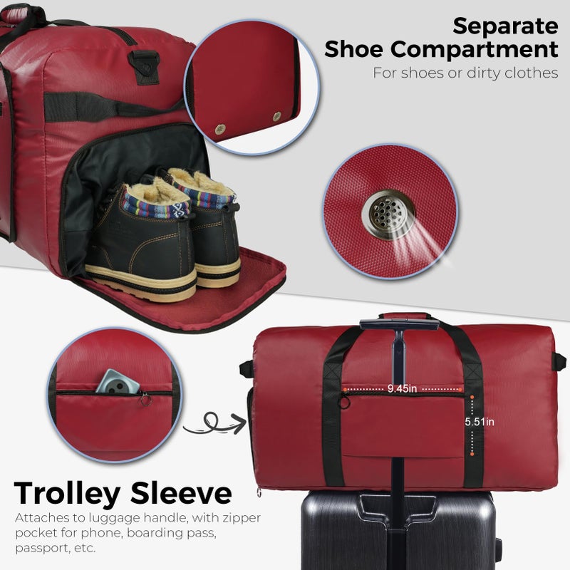Fmeida 65L Duffle Bag with Shoes Compartment, Foldable Travel Duffel Bags for Men Women, Large Packable Travel Bag Water Repellent & Tear Resistant (Red) - Image 5